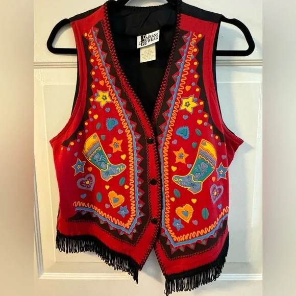 Western Painted Fringe Vest Cowgirl Rodeo Boho Country Vintage 90’s Fun Colorful - Picture 1 of 11